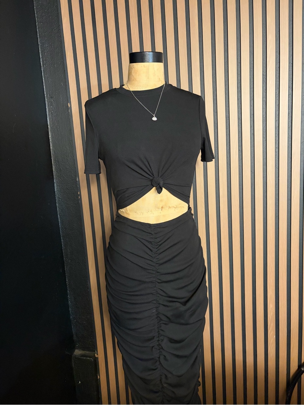 SHEIN Black Knot-Front Crop Top & Ruched Midi Skirt Set
